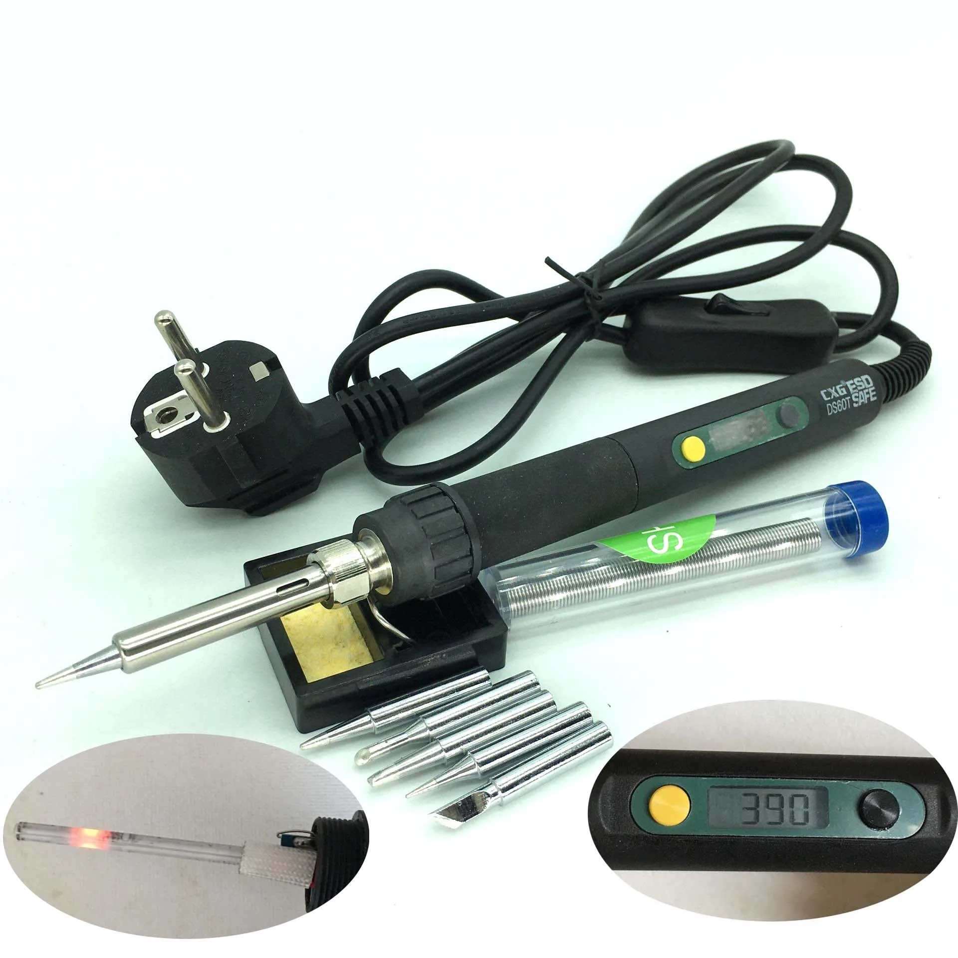 1 set LED Digital Constant Rapid Temperature Adjustable Professional Soldering iron 220V 60W EU Rework Welding Tips Solder wire