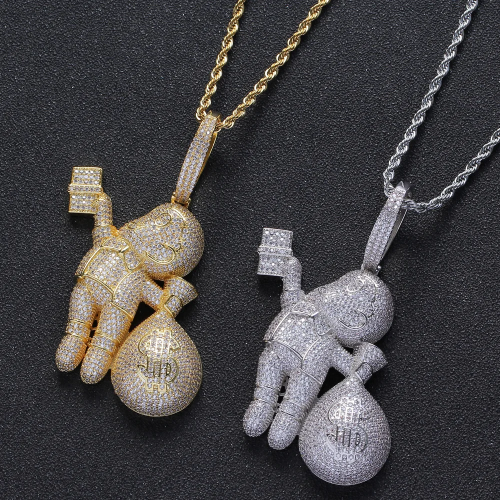 

Hip Hop Bald Boy with Dollar Purse Pendant Necklaces High Quality Bling Iced Out AAA Zircon For Men Fashion Jewelry Gifts