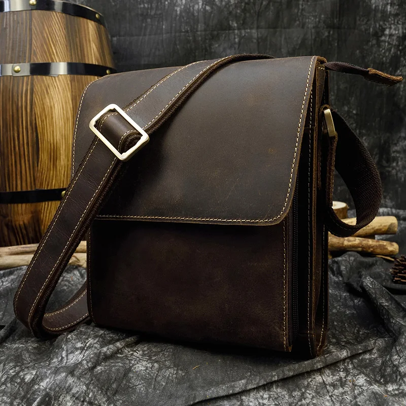 Men\'s Vintage Crazy Horse Leather Bag iPad Cow Leather Shoulder Bag Zip Around Casual Crossbody Bag Cowhide Briefcase Purse