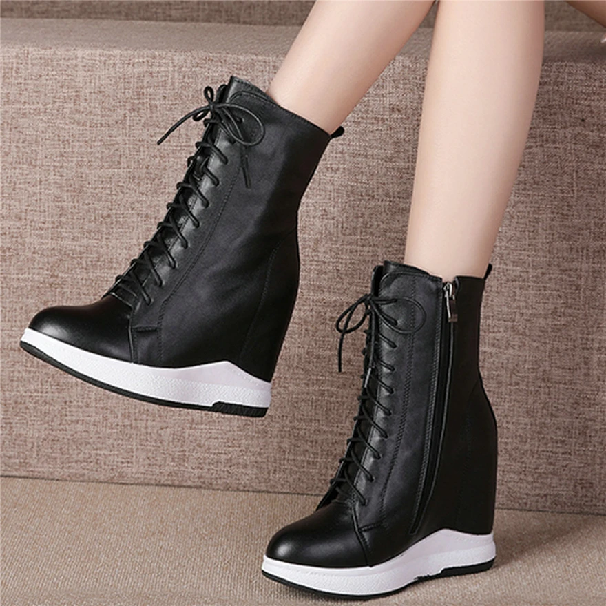 Platform Pumps Shoes Women Lace Up Genuine Leather Wedges High Heel Ankle Boots Female Round Toe Fashion Sneakers Casual Shoes