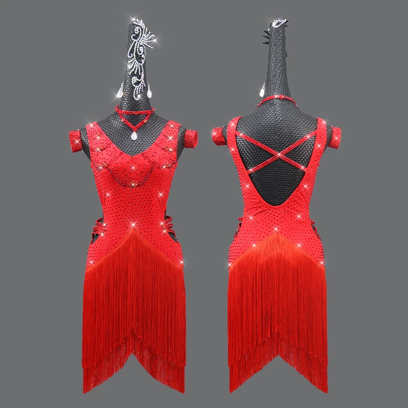 

New Latin Dance Dress Competition Dress Costumes Skirt Performing Dress Adult Customize Children Red dance Skirt tassel Skirt