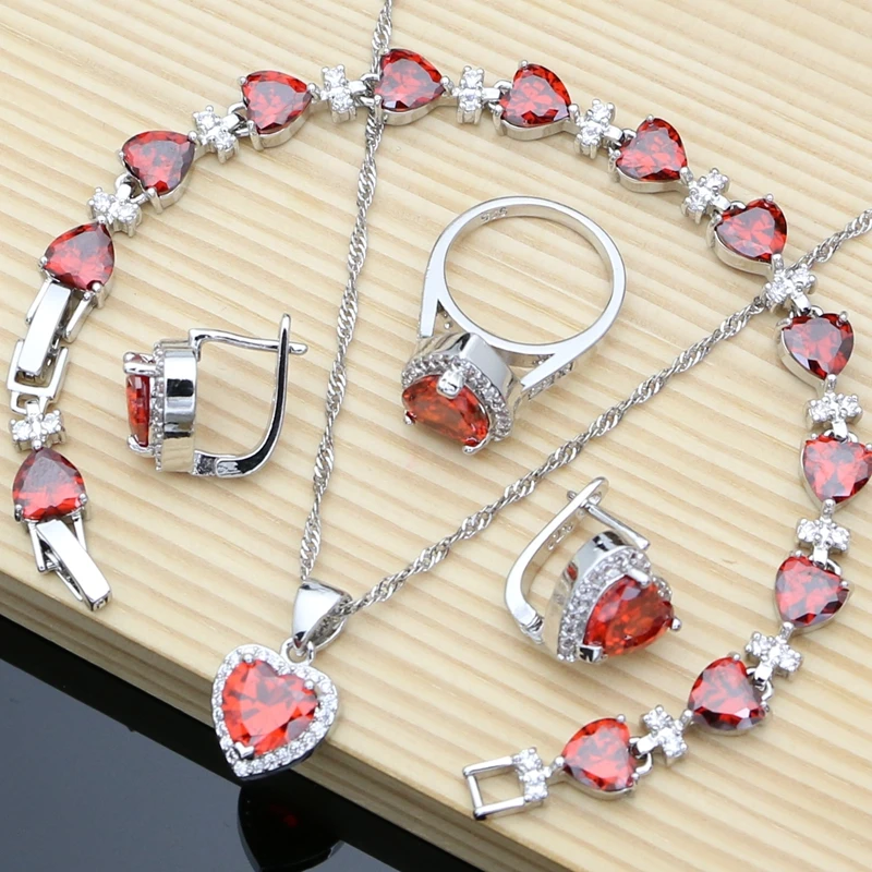 

Silver 925 Bridal Jewelry Sets Heart Red Garnet White Topaz Decoration for Women Wedding Earrings with Stone Necklace Set