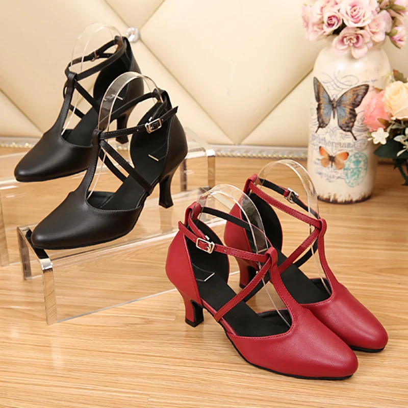 Latin Dance Shoes Salsa Tango Ballroom Performance Women\'s Sports Dance High-heeled Sandals Red Black Leather Dancing Shoes