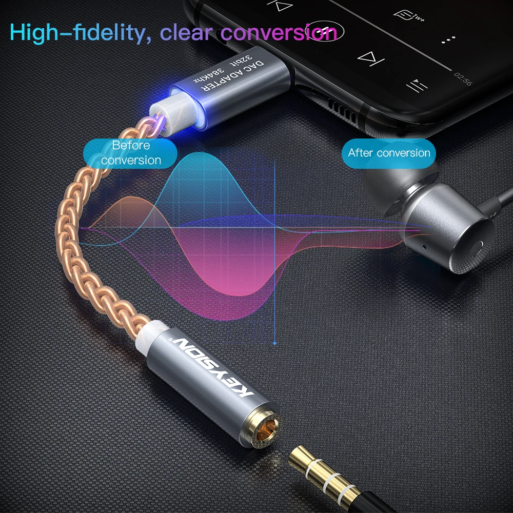 KEYSION HIFI DAC earphone Amplifier USB Type C to 3.5mm Headphone Jack audio adapter 32bit 384kHz Digital Decoder AUX Converter