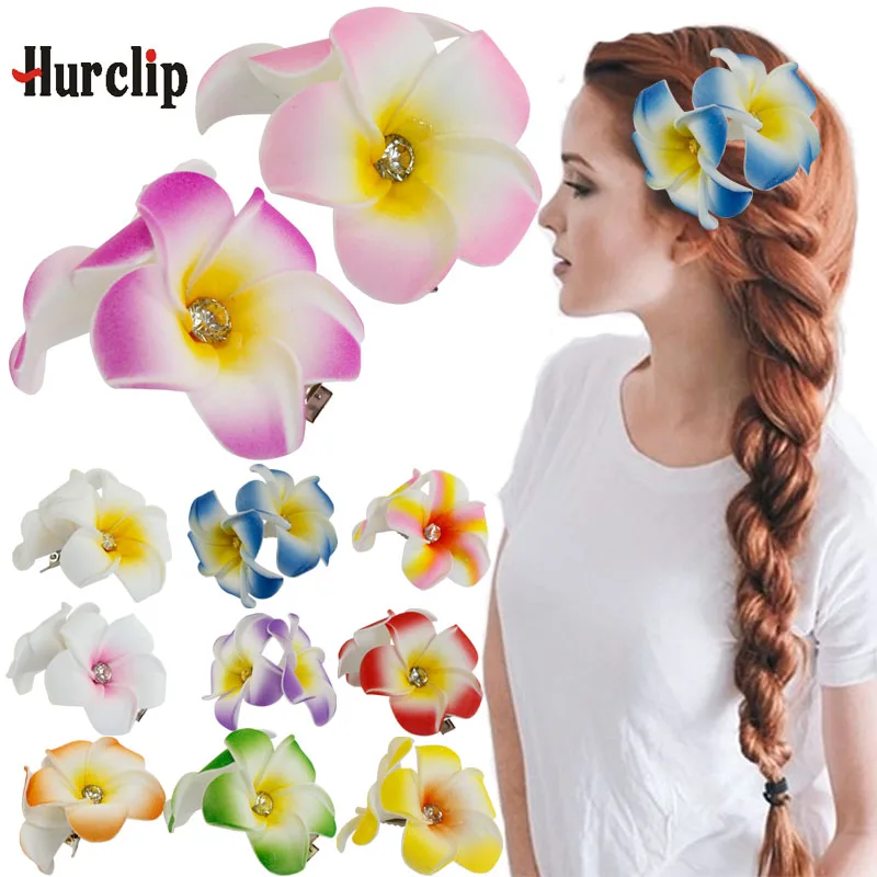 5pcs 2019 New Fashion Foam Hawaiian Plumeria flower hairpin Frangipani Flower bridal hair clip with diamond