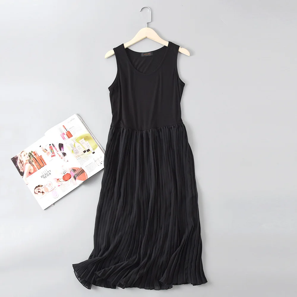 New Spring Summer Pleated Chiffon Dress Long Camisole Base Nightdress Modal Stitching Nightgown Women Loose Homewear Vestidos