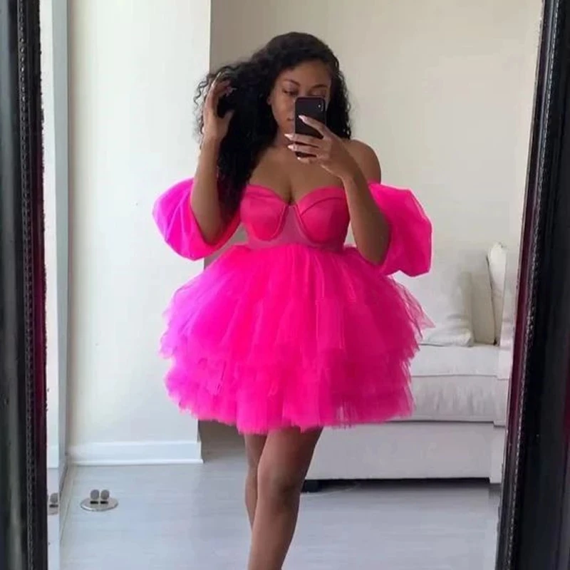 Hot Pink Tulle Mini Dress Sexy Club Wear Off The Shoulder Short Summer Dresses For Women  Mini Puffy Cocktail Gowns Cheap