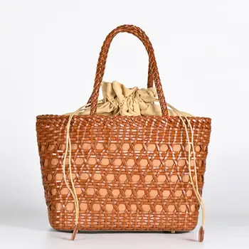 夏季新款真皮鏤空編織單肩包,內襯休閒編織袋,復古購物袋,牛皮手提包 10 最佳銷售 真皮編織包 - №6