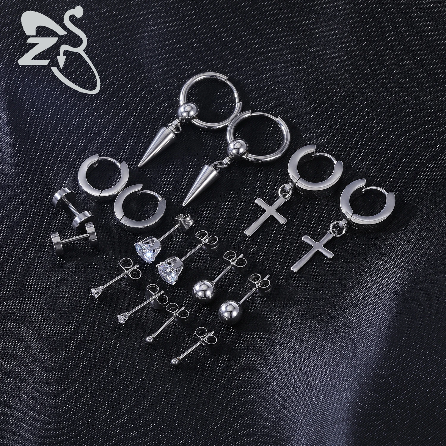 ZS Black Color KPOP DNA Stud Earring Set Stainless Steel Hoop Earrings For Men Women Ear Clip Cuff Cartilage Earring Punk Rock