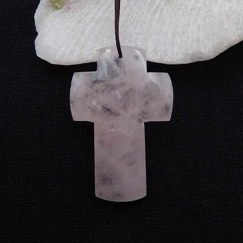 Natural Stone Rose Quartz Cross Necklace Pendant Jewelry Gift Gem Customized Gemstone 45x30x7mm 15g