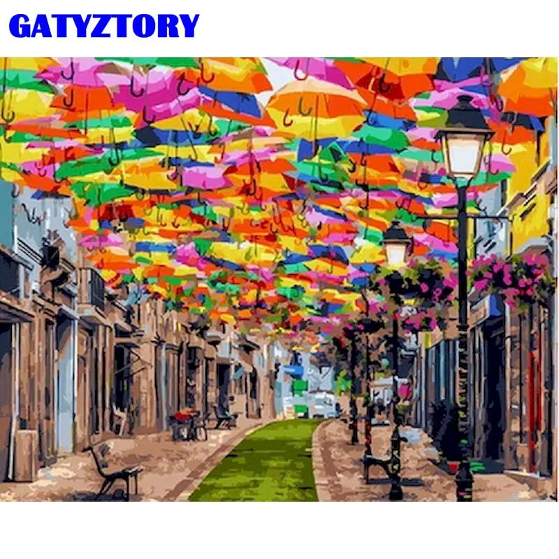 

GATYZTORY DIY Picture By Numbers For Adults Handmade DIY Gift 40x50cm Frame Umbrella Street Scenery Oil Paint Kits Home Decors