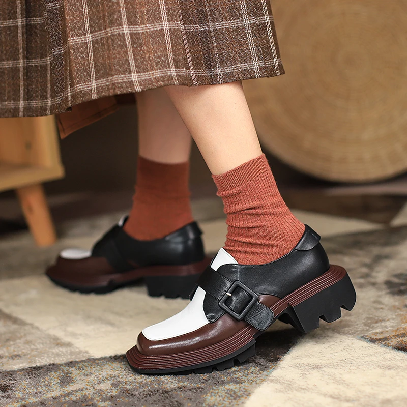 Mixed Colors Women Shoes 2021 New Genuine Leather Shoes Woman Heels Working Thick Botton Square Toe Women Shoes Shoes for Women