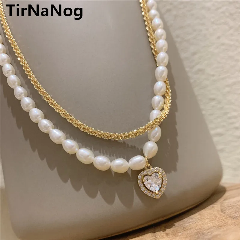 

South Korea Baroque Freshwater Pearl Heart-Shaped Necklace Pendant Women's Fashion Retro Multilayer Collarbone Chain Jewelry