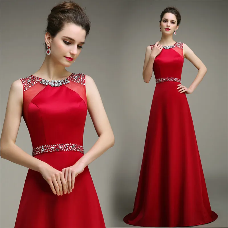 Elegant Red Long Crystal Beaded A Line Chiffon Formal party Prom gown Vestido De Festa Vestidos Longo 2025 bridesmaid dresses