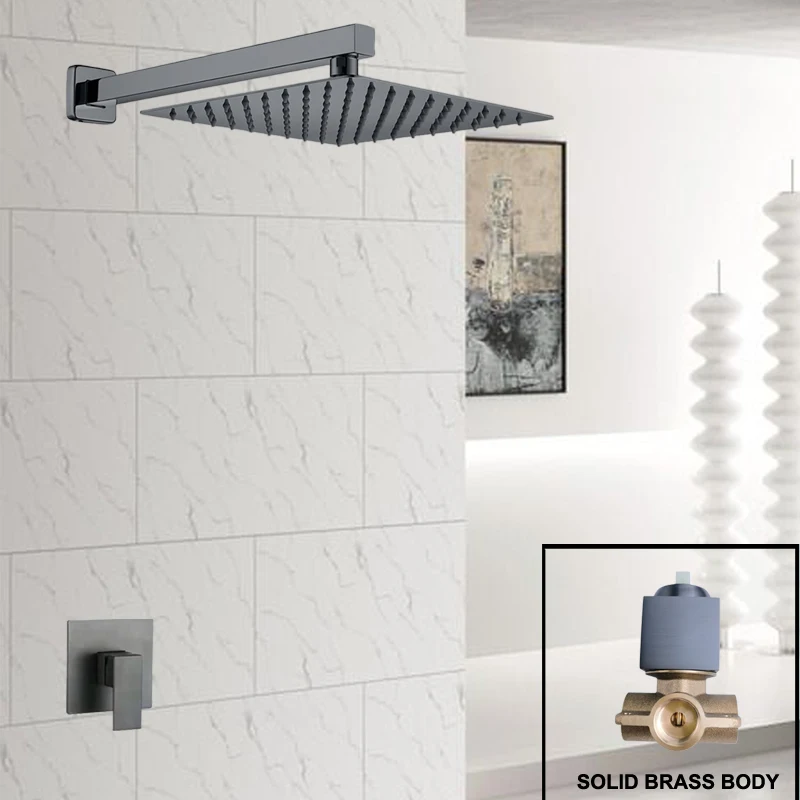 

Bathroom 10 Inch Shower Set Stainless Steel Metal Grey Wall Mounted Conceal Valve Square Overhead Rotatable Shower with Arm