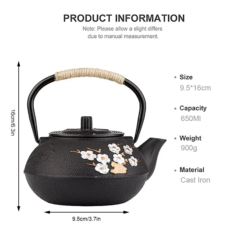 YMEEI 800ML Japanese Cast Iron Teapot With Stainless Steel Infuser Strainer Plum Blossom Cast Iron Tea Kettle For Boiling Water