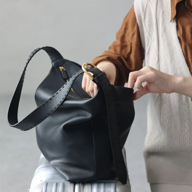 Large Size Black Genuine Leather Tote Bag With Zipper Women Casual Soft Crossbody Bag Luxury Shoulder Bag