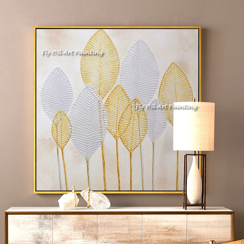 

Abstract Golden blue Leaves Canvas Painting Modern 100% Handmade Nordic Cuadros Art Picture for Living Room Home Decoration