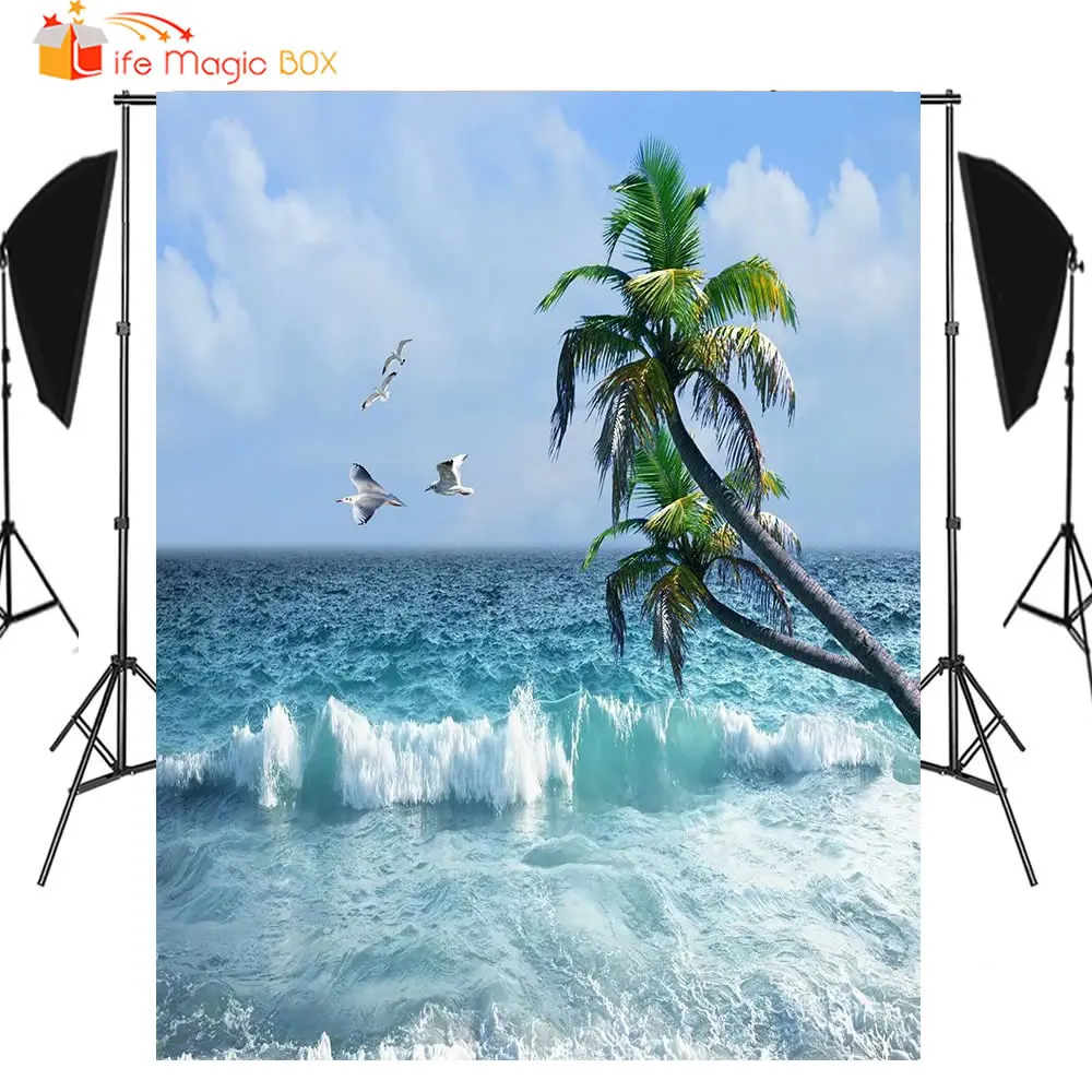 LIFE MAGIC BOX Wedding Photography Backdrops Coconut Tree Seagull Wave Holiday Summer Photographic Background