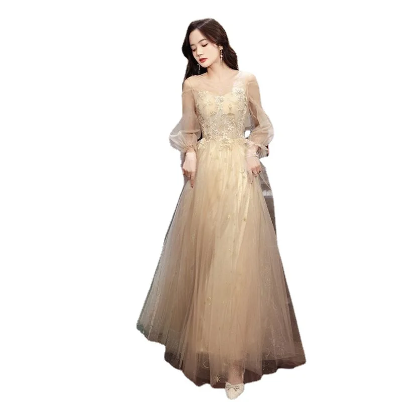 French Style Appliques Illlusion Full Sleeve Evening Dress For Women Lace-Up Floor-Length Embroidery Gentle Pageant Gowns