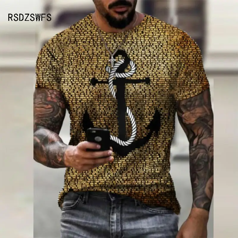 Summer Men\'s T-Shirt Street Personalized Marine Style Anchor Print 3D Clothes Large Size Mens Top Loose Pullover T-Shirt