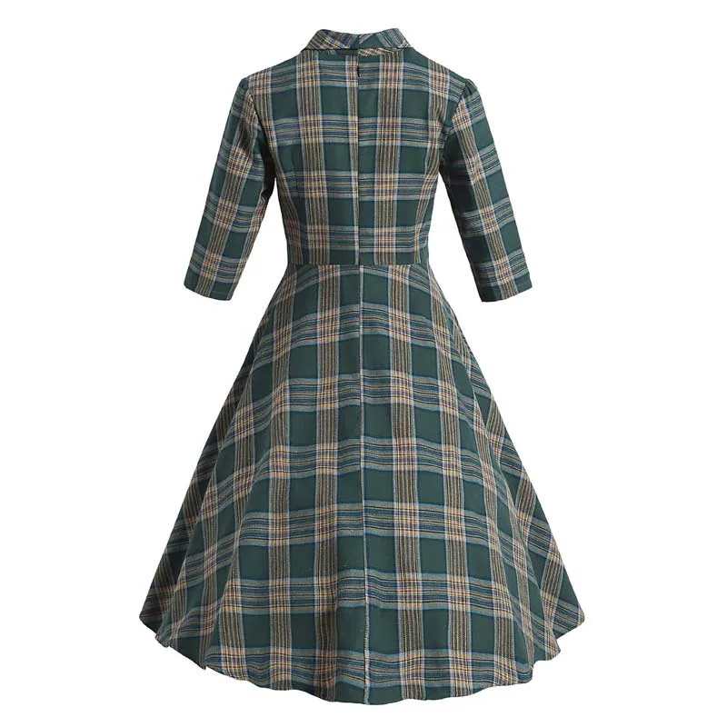 Spring Women Casual Dress 3/4 Long Sleeve Retro Vintage Robes Rockabilly Jurken Green Pin Up Dresses Office Plaid Print Vestidos