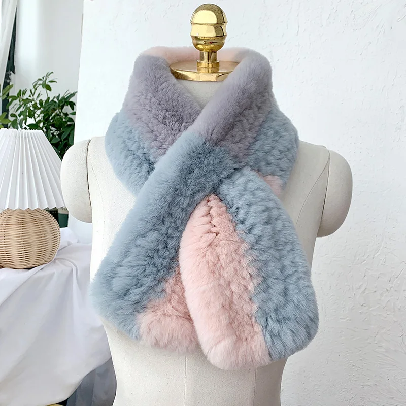 New autumn and winter rabbit fur scarf female fashion temperament fur interspersed color matching scarf rex rabbit fur muffler