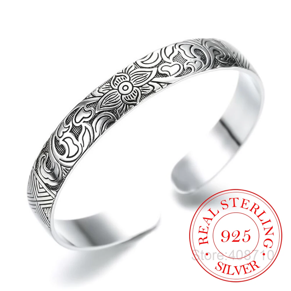 925 Sterling Silver Jewelry Retro Silver Leaf Black Bracelet Men Women New Jewelry Fashion Retro High-quality Bangles