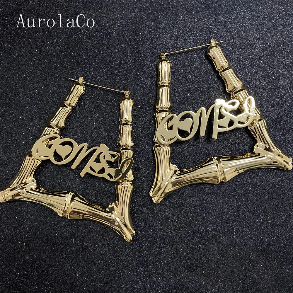 Aurolaco 50/70mm Custom Name Earrings Stainless Steel Shape Earrings Customized Name Earrings Bamboo Style Custom Hoop Earrings