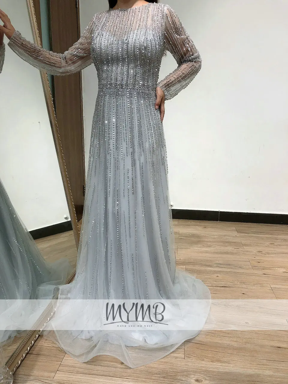 Luxury Full Crystal Beading A Line Women Evening Gown MYMB SILVER Long Sleeve Muslim Wedding Party Dress Mother Of Groom