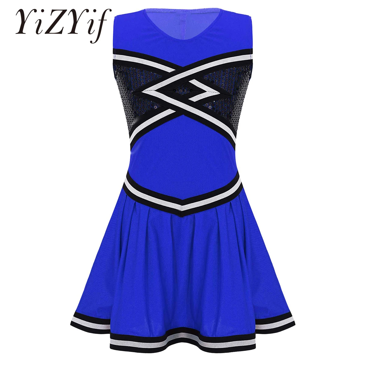 

Kids Girl Sequins Cheerleader Costume Cheer Uniform Cheerleading Dress Blue Red Patchwork Ballroom Dance Dress School Uniform