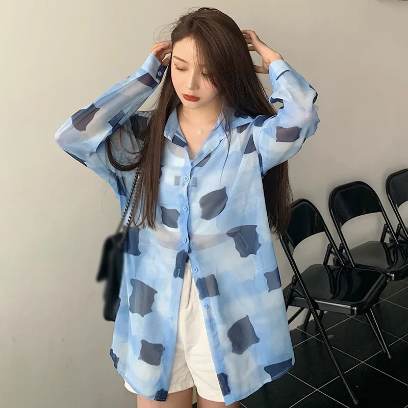 Spring Summer Female Square Pattern Shirt Full Sleeve Women Loose Thin Shirt Ladies Loose Tops