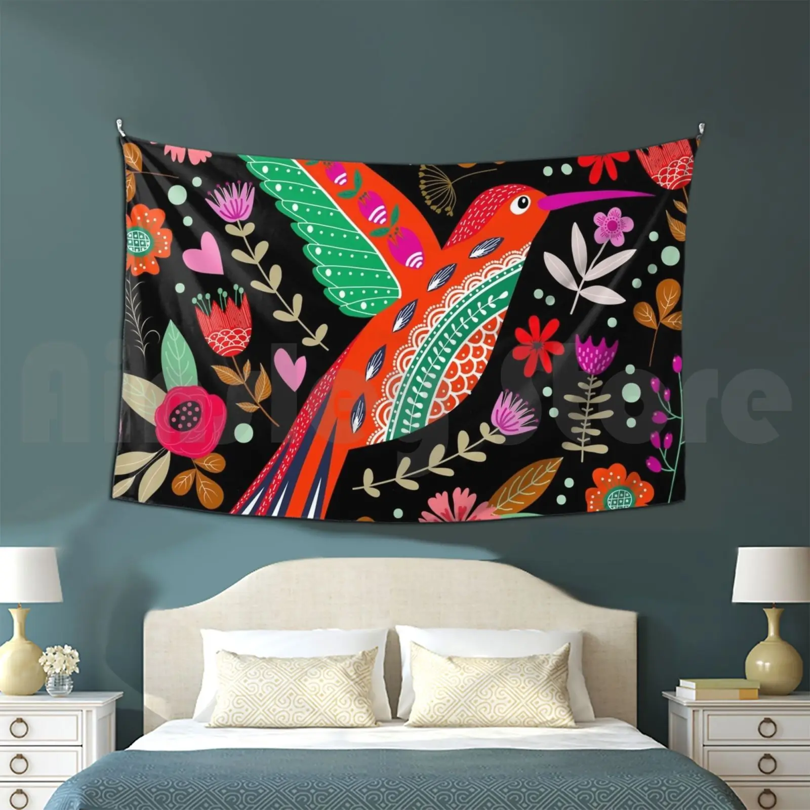 Hummingbird Tapestry Living Room Bedroom 2480 Hummingbird Hummingbirds Flowers Floral Pattern Colorful Flowers