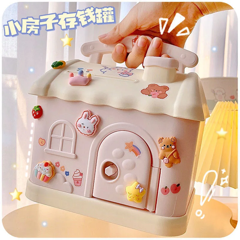 desk organizer Cute cartoon little house piggy bank decoration gift with lock girl can deposit and take small piggy bank