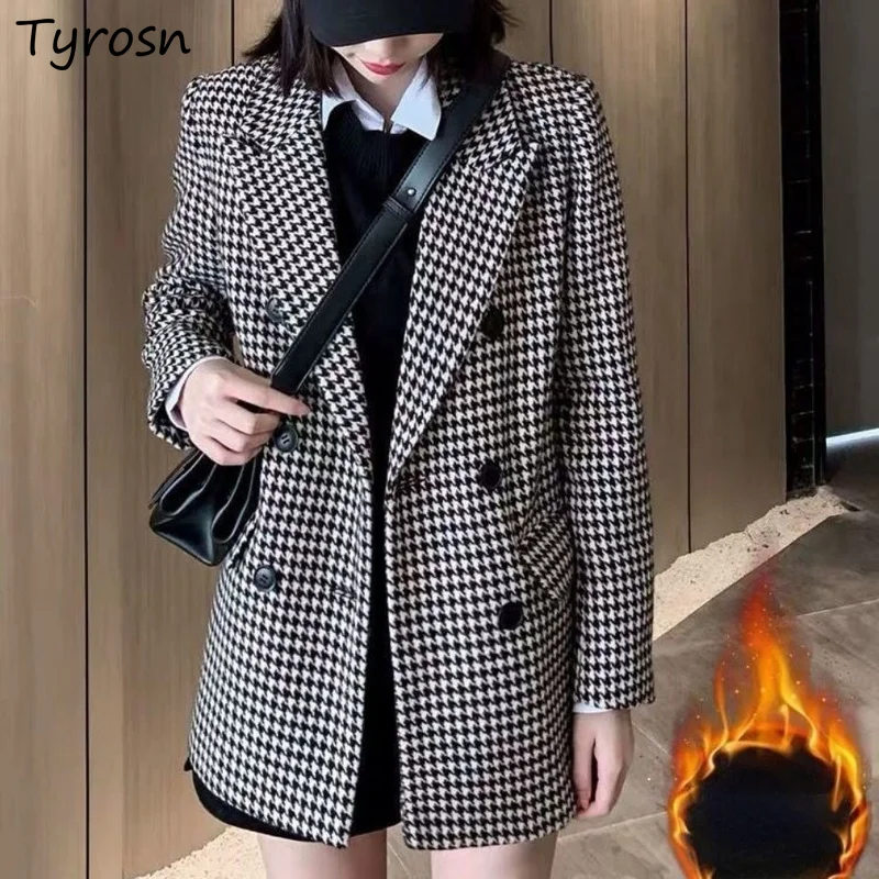 

Women Wool Coats Houndstooth Blends Notched Double Breasted Warm Thickening Stylish Elegant Femme Streetwear Ulzzang New Outwear