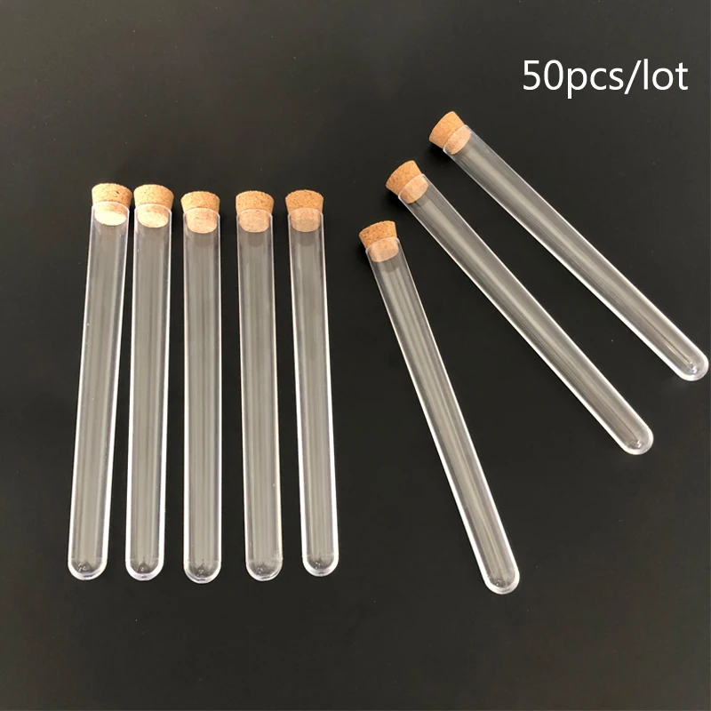 50Pcs/pack 15x150mm Lab Clear Plastic Test Tubes With Corks Stoppers Caps Wedding Favor Gift Tube Laboratory School Experiment