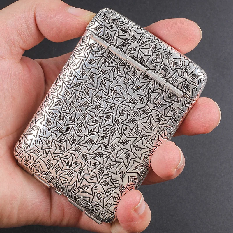 

Luxury Vintage Carved Cigarette Case with Gift Box Container 14Pcs Regular Size Cigarettes Tobacco Holder Pocket Storage Silvery