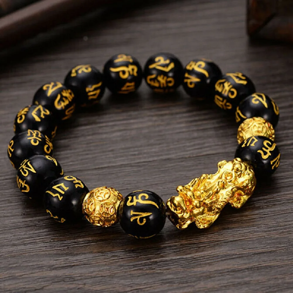 Feng Shui Obsidian Stone Beads Bracelet Men Women Unisex Wristband Gold Black Pixiu Wealth and Good Luck Women Bracelet