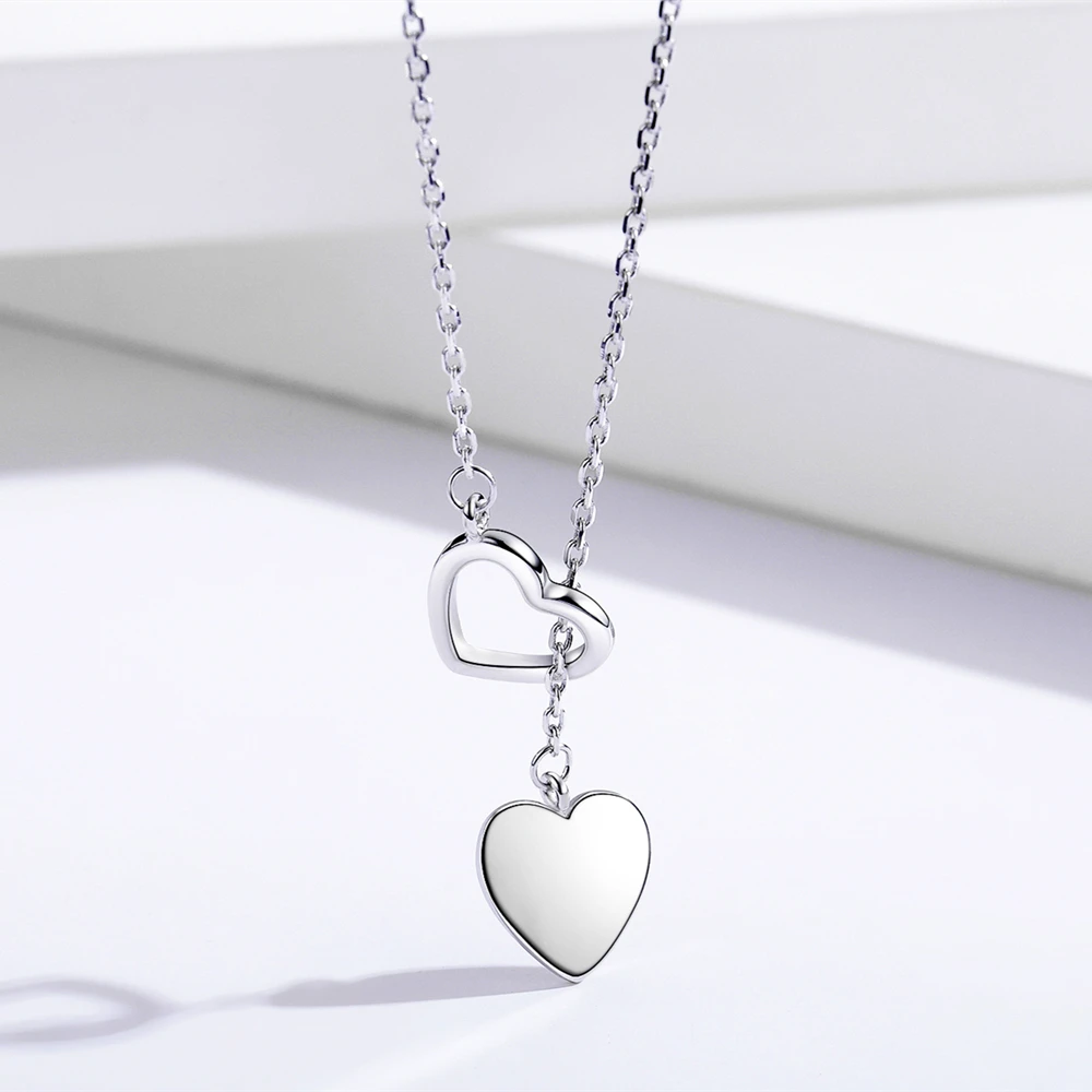 Black Awn 2022 New Silver Color Necklace Pendant For Women Double Heart High Quality Jewelry