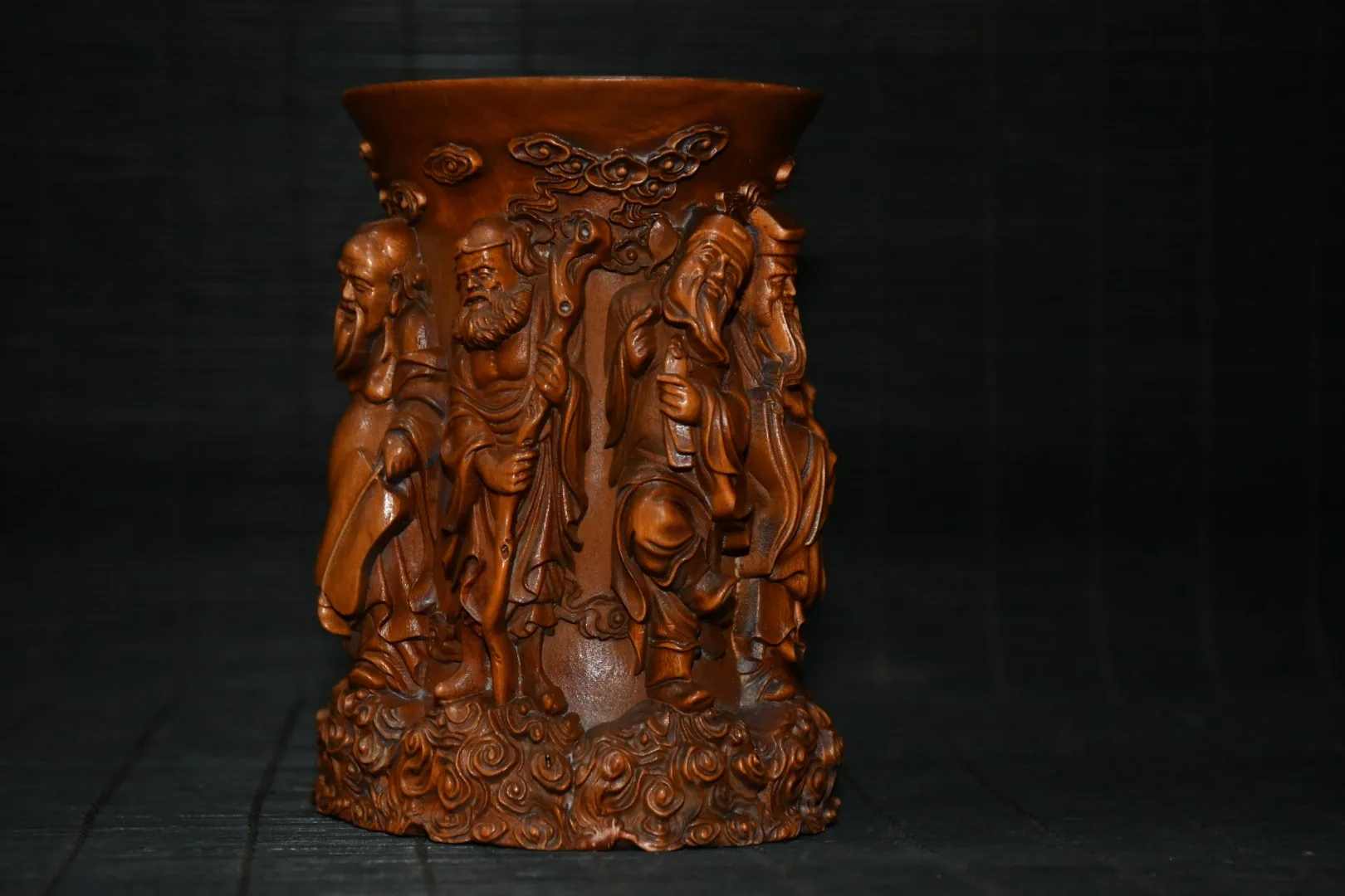 

5"Tibetan Temple Collection Old Boxwood Hand-carved Statue of Eight Immortals Pen holder Eight Immortals Crossing Ornaments