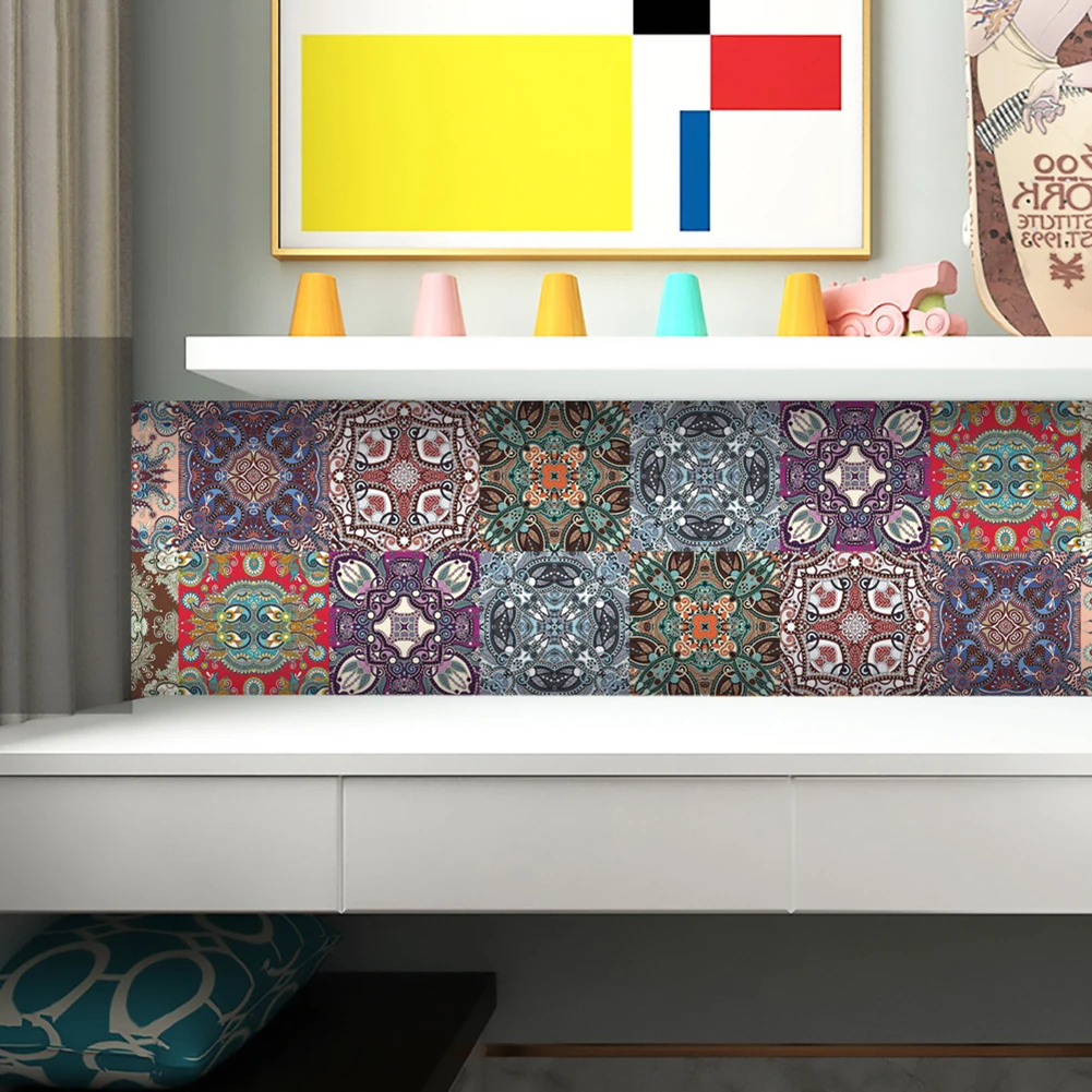 Pegatina de pared autoadhesiva para baño y cocina, calcomanía de Mandala de 10 piezas, murales coloridos, decoración del hogar, 10x10cm