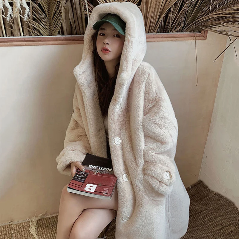 

2021 New Winter Women Faux Rabbit Fur Coat Loose Long Fur Coat Large size Hooded OverCoat Thick Warm Female Plush Coats