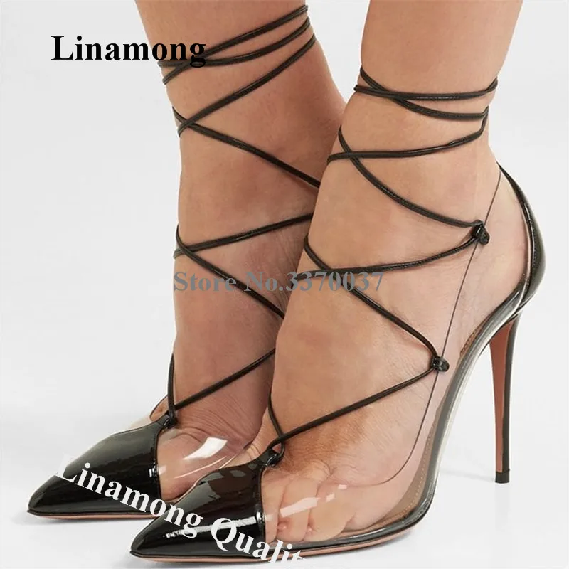 

Linamong Spring Newest PVC Patchwork Straps Cross Stiletto Heel Pumpe Black Nude Patent Leather Transparent High Heels Big Size