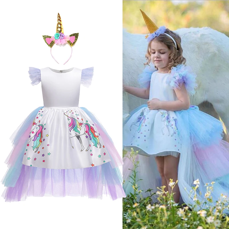 Unicorn Dress For Girls Birthday Party Costume Christmas Princess Dress With Long Tail Kid Anniivesary Clothes Backless Vestidos