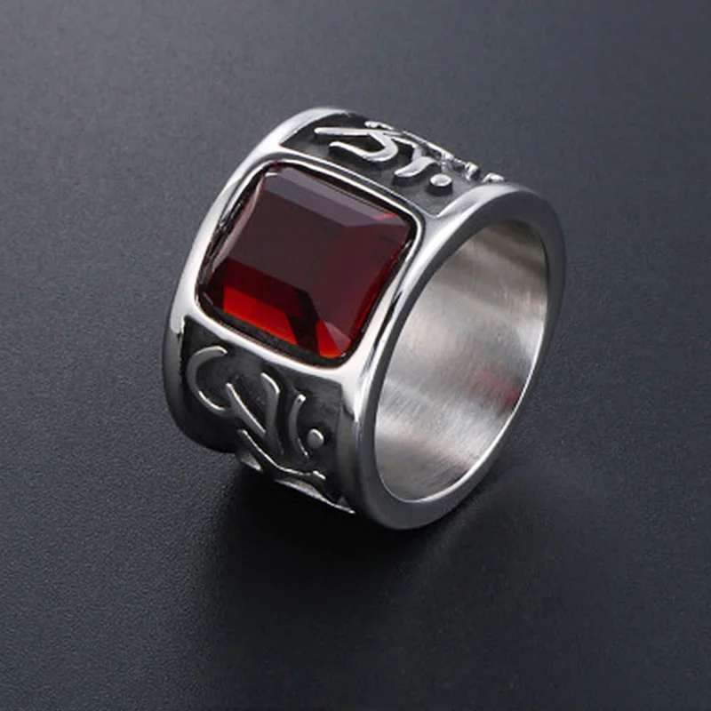 Vintage Men Six Words Mantra Red Stone Ring 316L Stainless Steel Biker Ring Om Mani Padme Hum Buddhist Jewelry Gifts For Him