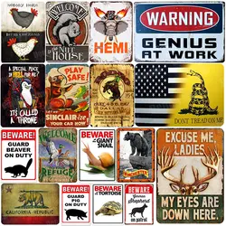 Warning Genius at Work Metal Tin Sign, Vintage Wall Decor, Painting, Squirrel, Beaver, Art Craft, Pub, Home Decor, A195