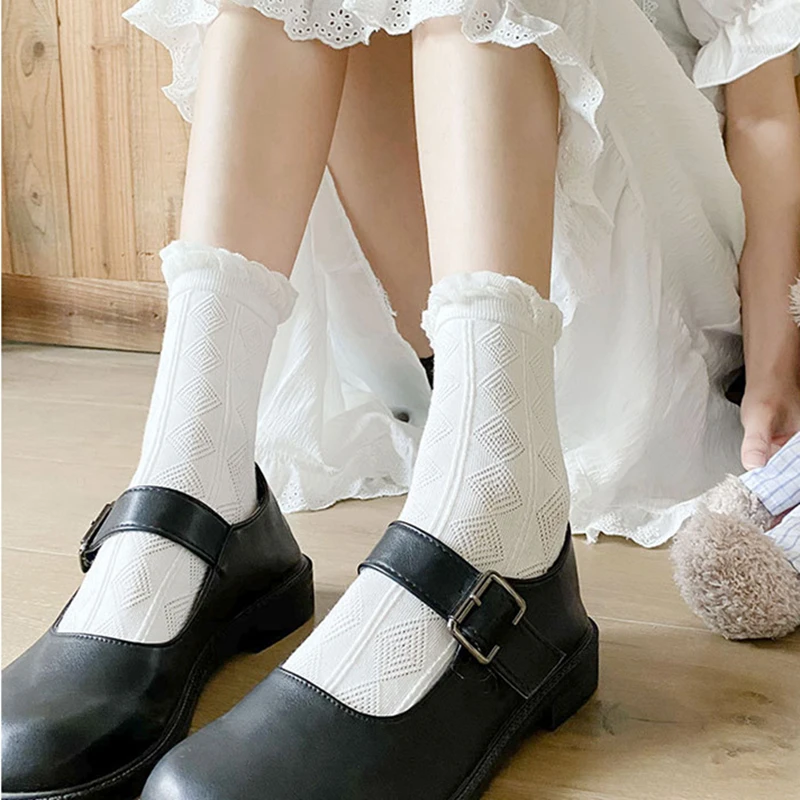 

1 Pair Fashion Women White Socks Japanese Summer Non-Slip Knitting Cotton Thin Loose Breathable Cute Girls Middle Tube Sox