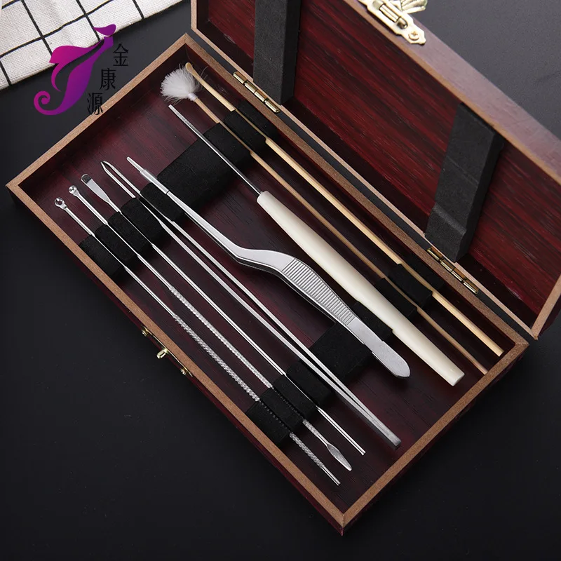 Of Ear Tools Set Ear Pick Professional Ears Goose Feather Great Wooden Box of Ear 8-Piece Set