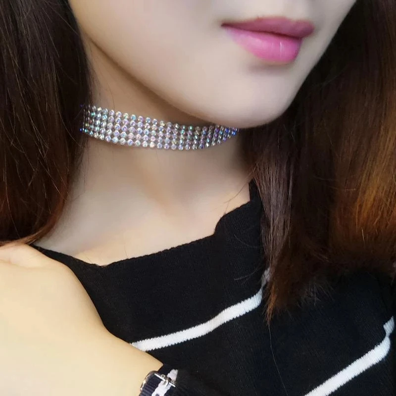 NEW Crystal Rhinestone Choker Necklace Women Wedding Accessories Silver Color Chain Punk Gothic Chokers Jewelry Collier Femme