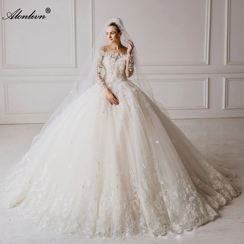 Alonlivn elegancka, długa suknia ślubna urocze frezowanie 3D aplikacje Off The Shoulder suknie ślubne Vestido De Novia